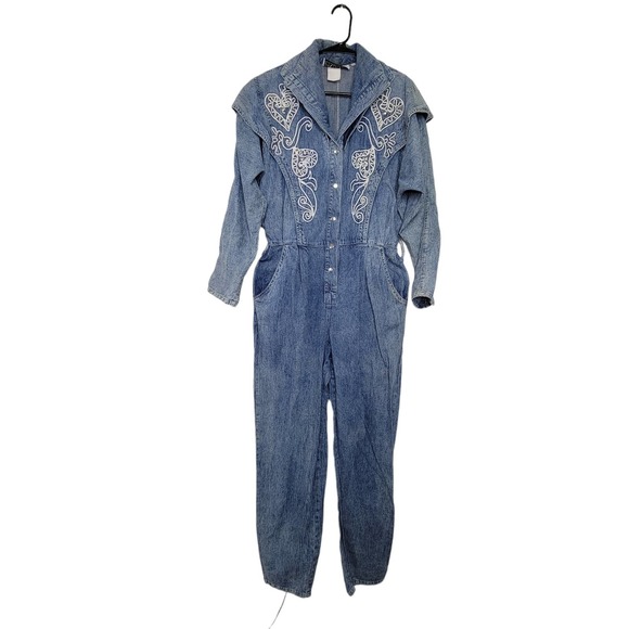 Pado Pants - Vintage Pado Blue Cotton Denim Embroidered Studded Long Sleeve Jumpsuit Large